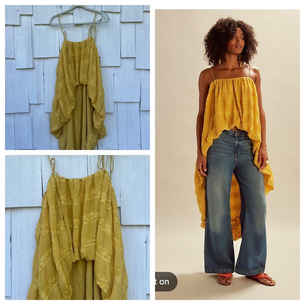 Free People Petrova High-Low Lace Trim Pleated Cami Top Yellow XS